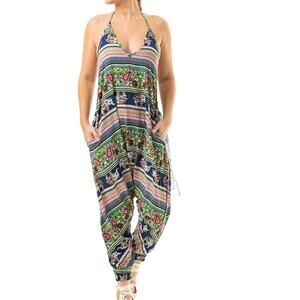 Buddha Pants Savannah Flair Harem Pink Stripe V-neck Elephant Halter Jumpsuit